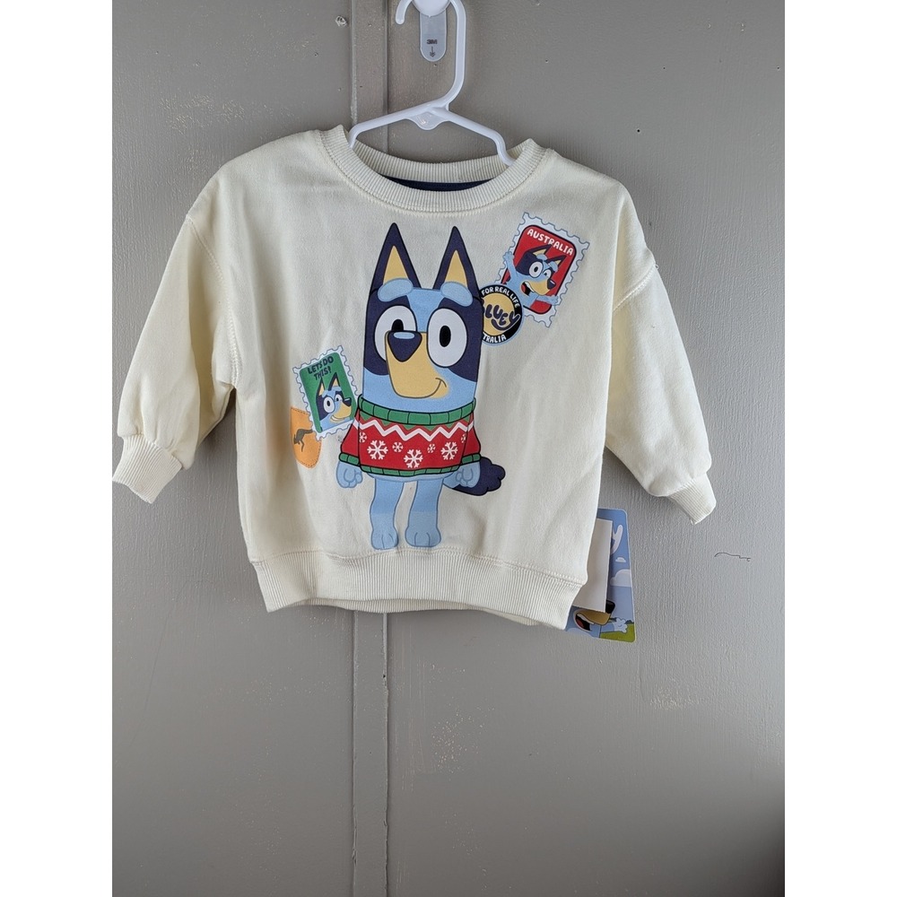 Bluey Kids Holiday Fleece Sweatshirt Cream Bluey & Bingo 12M New